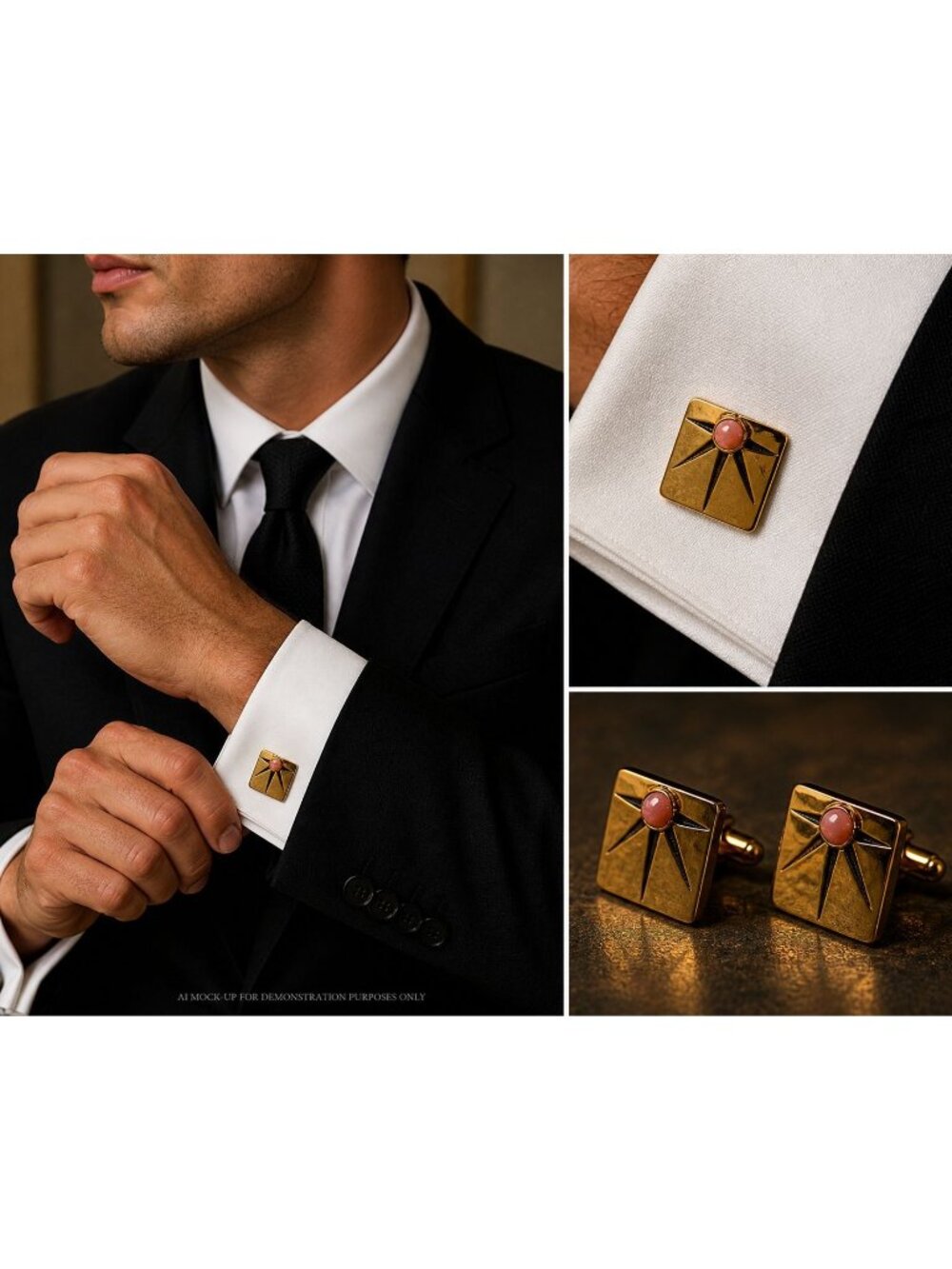 Vintage 1970s Mens Goldtone Atomic Pink Moonglown MCM Starburst Cufflink Set